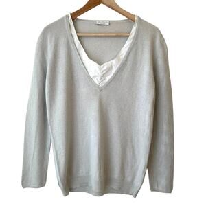 Brunello Cucinelli Light Gray V-Neck Sweater with White Inset